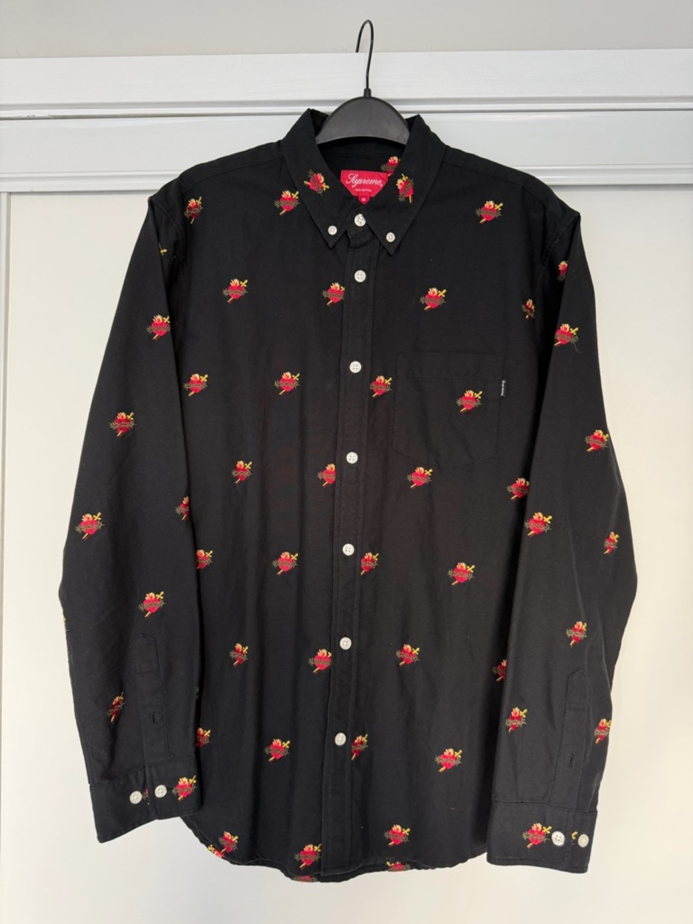 Supreme New York Sacred Hearts Oxford Black Button Up Shirt Rose Embroidery FW17